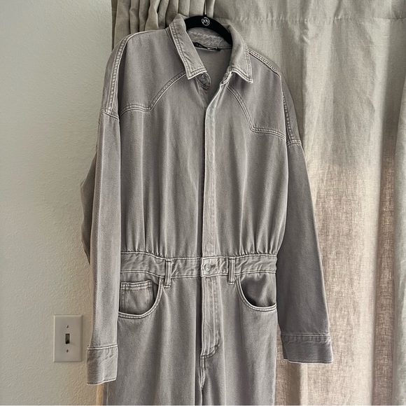 Zara Taupe Denim Flare Leg Split Hem Jumpsuit Overalls Coveralls Blogger Fav - Picture 6 of 13